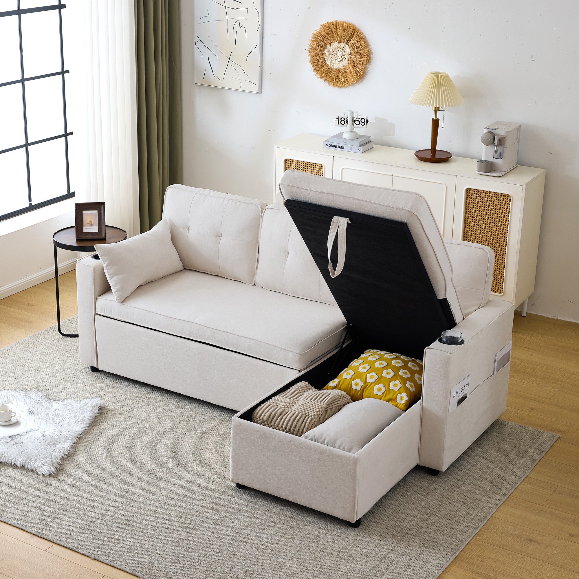 3-in-1 Convertible Sofa Bed With Internal Storage Chaise, L Shaped Sleeper Sofa Couches With Cup Holders, Pillows And Storage Pocket. Pullout Sectional Daybed For Living Room Bedroom Office, Beige