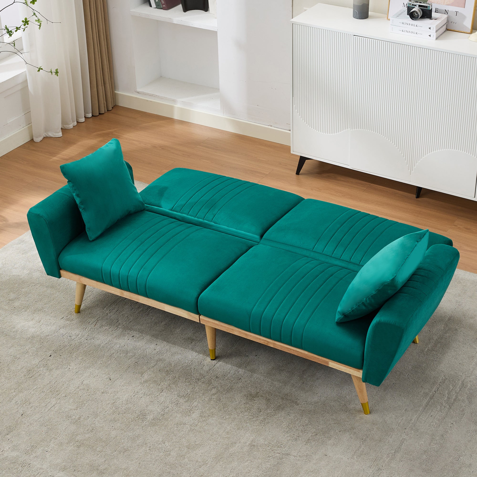 160x50x60CM Onvertible Futon Sofa Bed, Modern Fleece Loveseat With Adjustable Backrest, 2 Pillows, Solid Wood Legs,  Multifunctional Sofa Couch For Living Room, Bedroom, Apartment Green