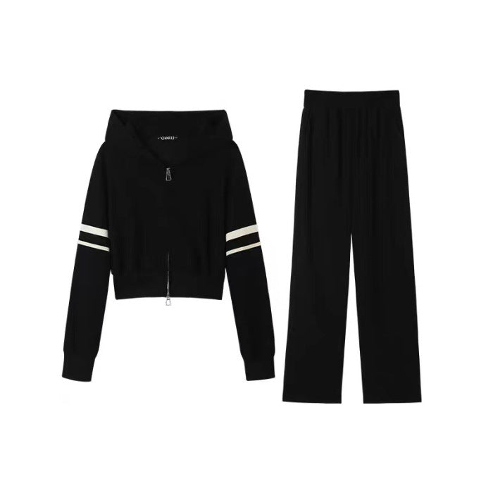 Waffle-knit Hooded Cardigan And Sweatshirt Set For Women