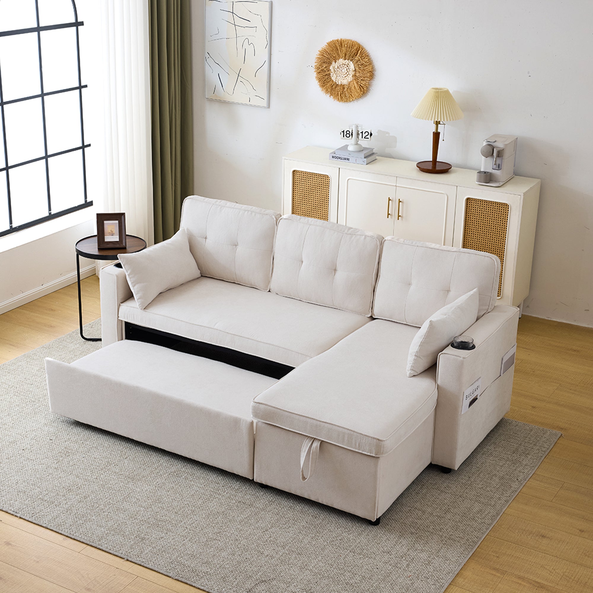 3-in-1 Convertible Sofa Bed With Internal Storage Chaise, L Shaped Sleeper Sofa Couches With Cup Holders, Pillows And Storage Pocket. Pullout Sectional Daybed For Living Room Bedroom Office, Beige
