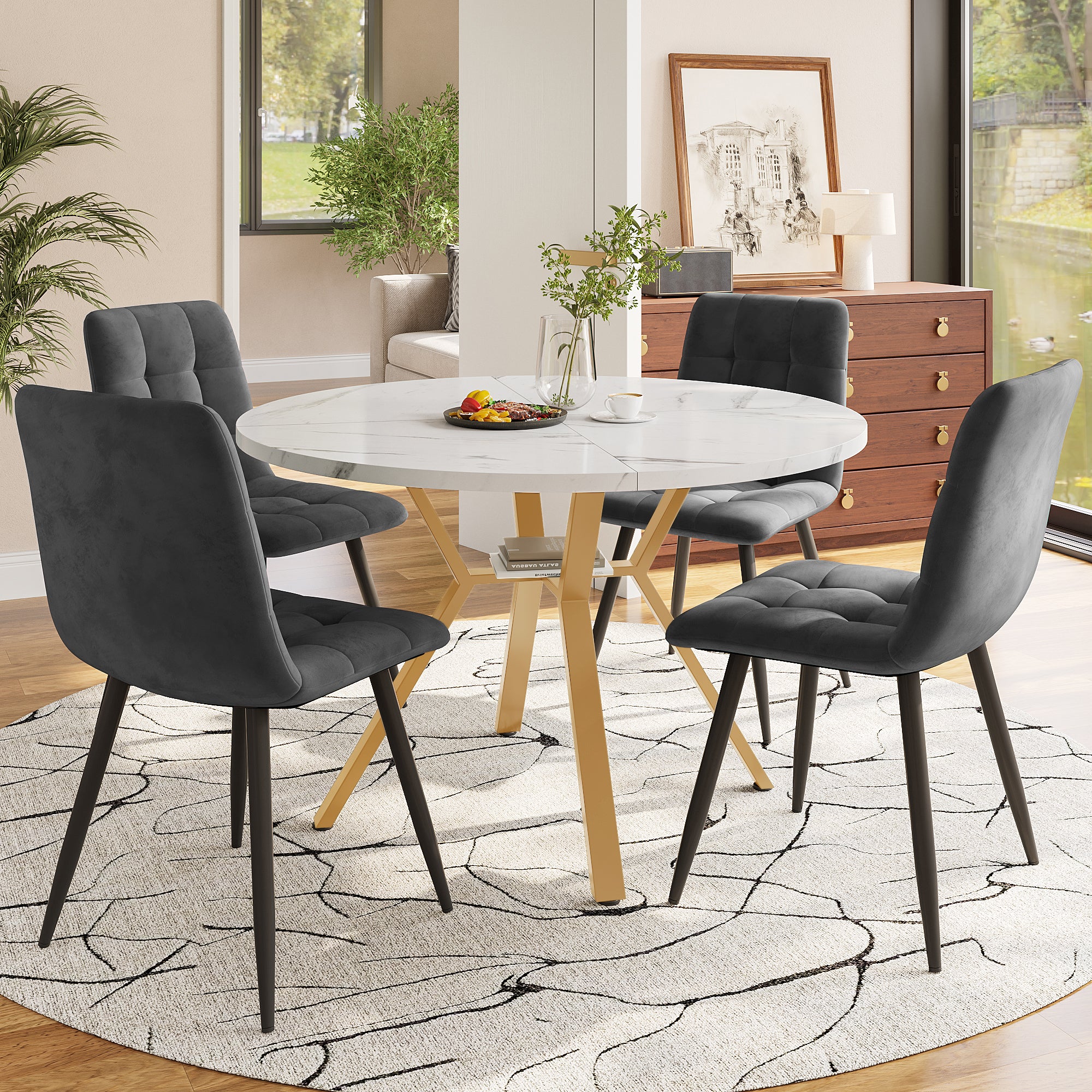 Dining Table Set, Dining Table And Chair Set  5-piece , Modern, Simple Round Marble Dining Table And Chair Set, Gold-coloured Metal Table Legs   4 Ergonomic Velvet Chairs, Gray Dining Chairs