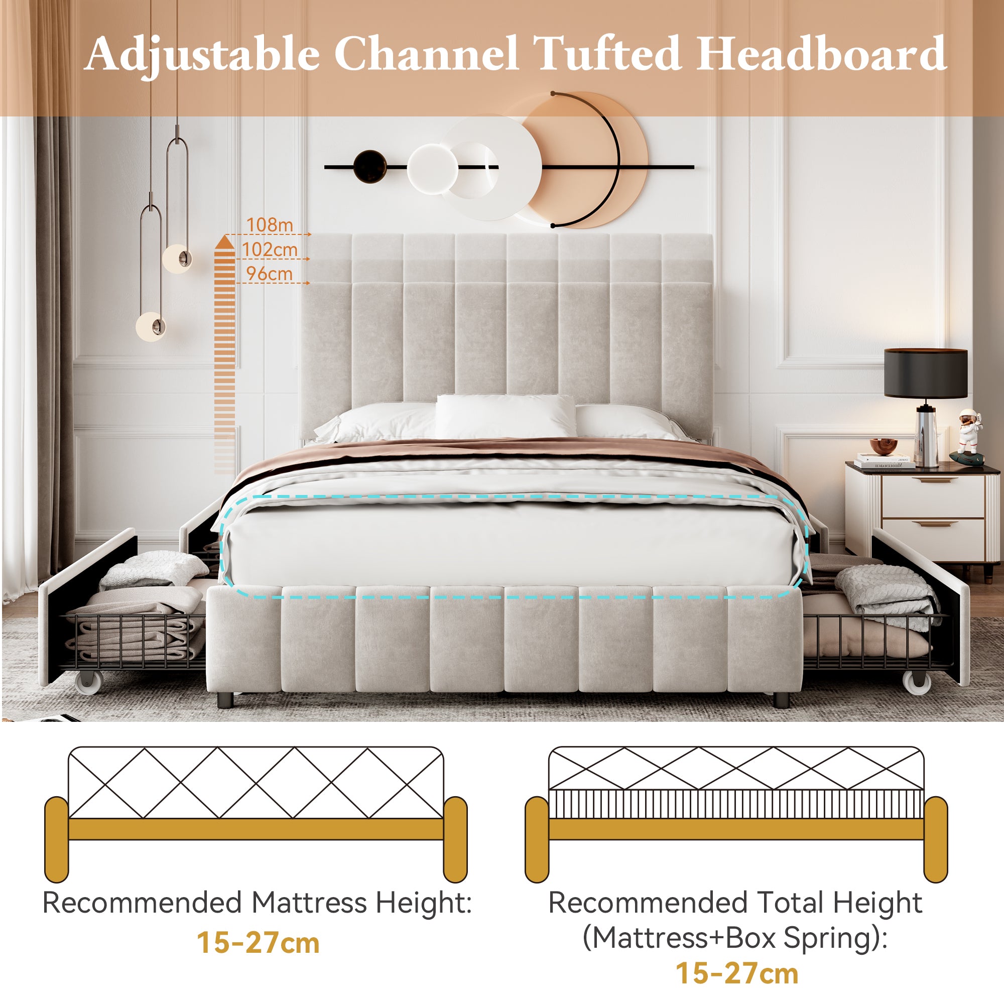 4ft6 Double Upholstered Bed With 4 Storage Drawers, Velvet Platform Bed Frame With Adjustable Channel Tufted Headboard, Metal-Wood Support, No Box Spring Needed, Easy Assembly, Beige  No Mattress