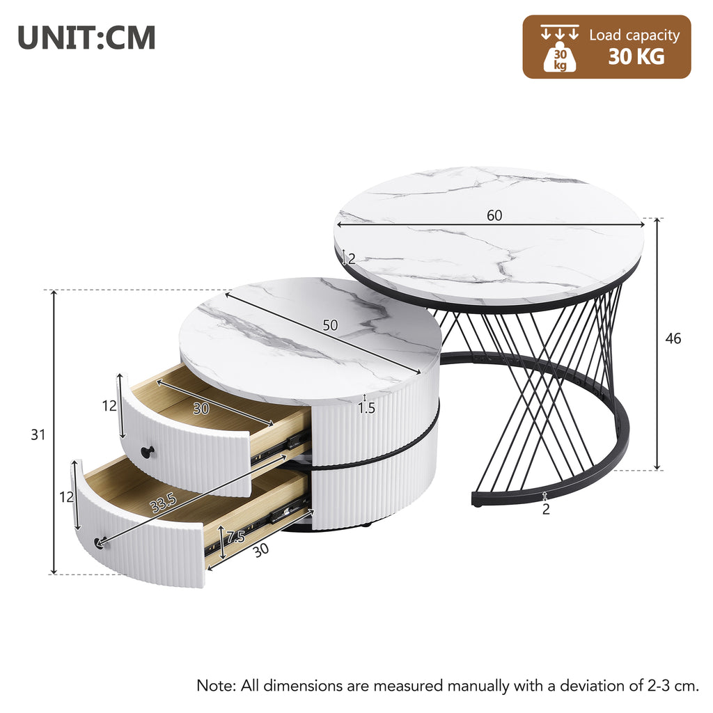 High Gloss Round Nesting Coffee Table With Marble Top, End Table, White & Gold Nesting Coffee Table Set Of 2 Center Table With Storage Drawers For Living Room