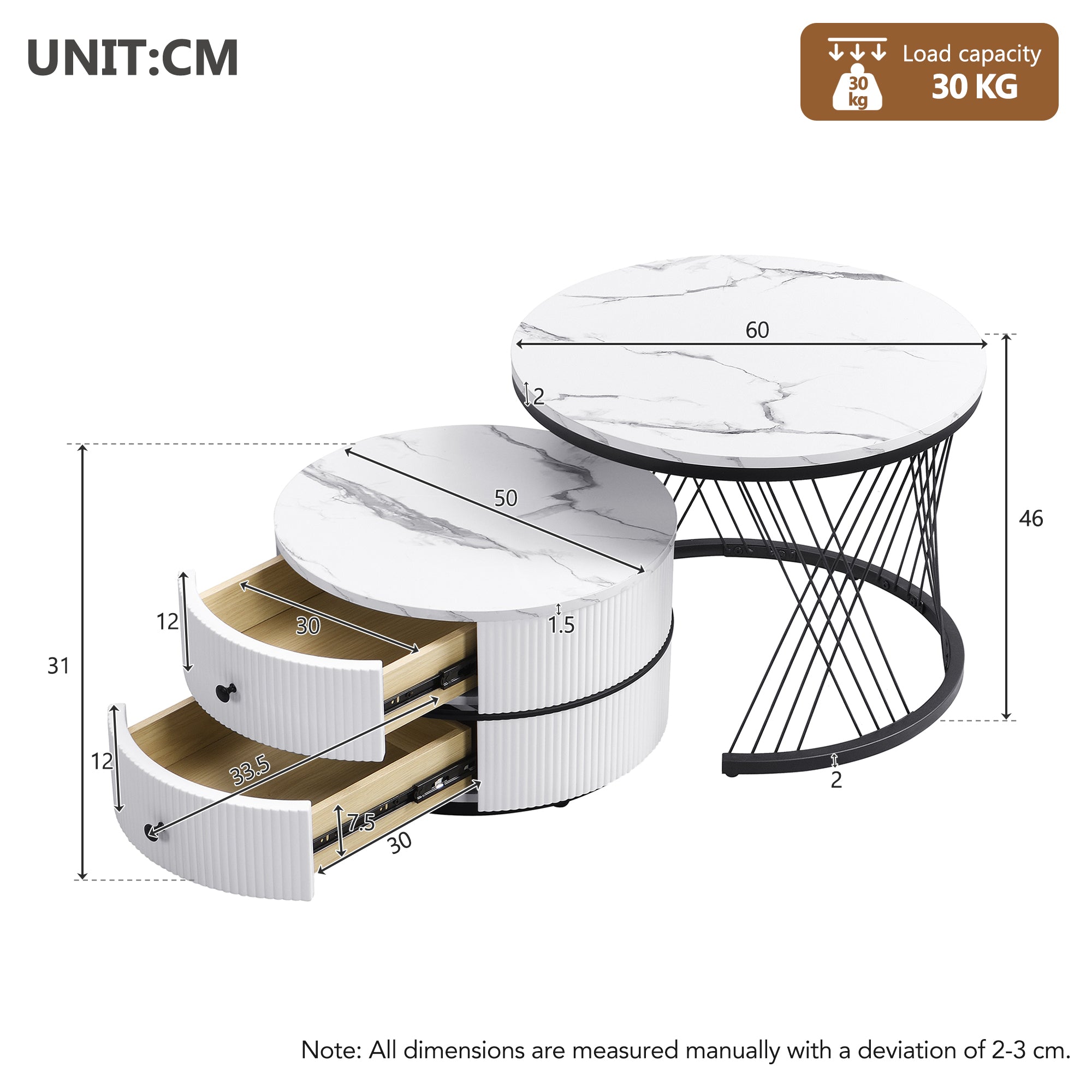 High Gloss Round Nesting Coffee Table With Marble Top, End Table, White & Gold Nesting Coffee Table Set Of 2 Center Table With Storage Drawers For Living Room