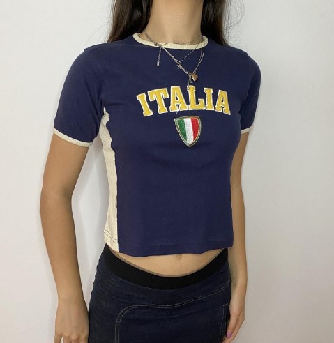 Y2K Womens Summer Cropped Slim-Fit Blue Lettered TopT-Shirt