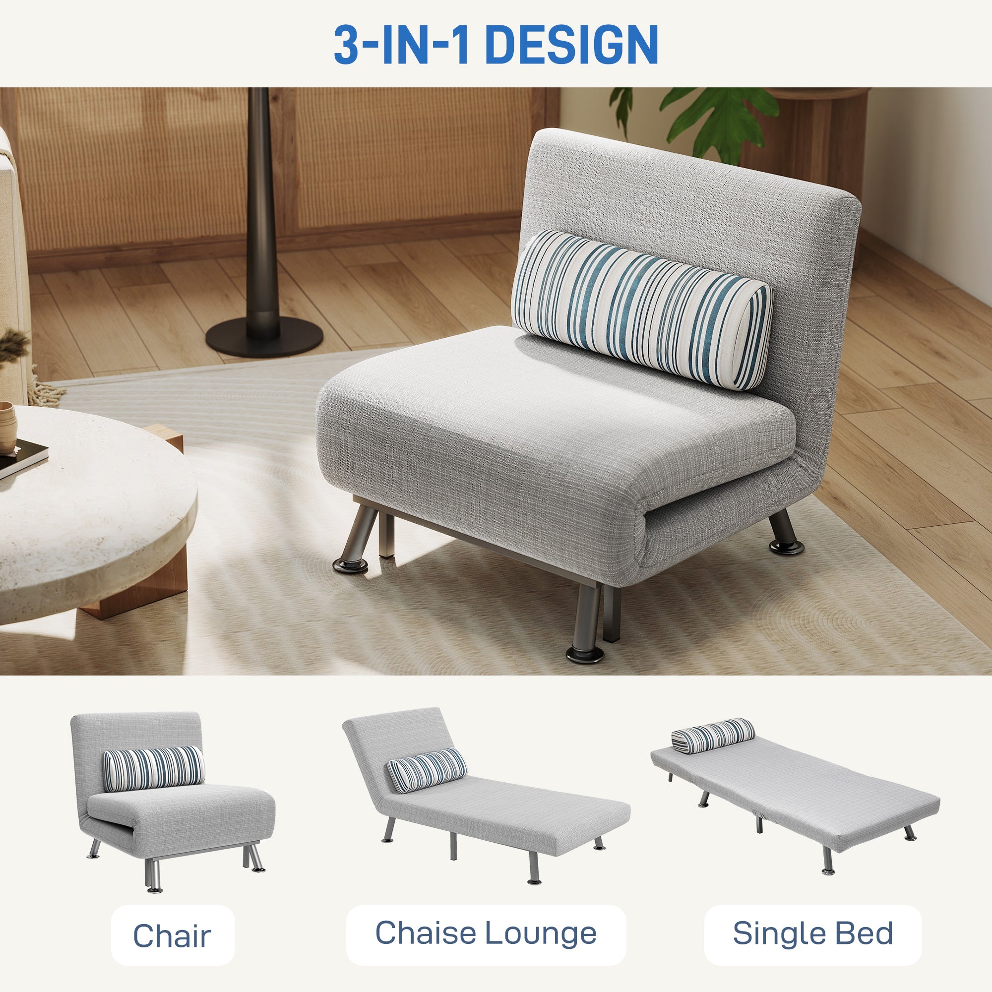 Single Sofa Bed, 1 Person Sleeper Foldable Lounge With Pillow, Light Grey