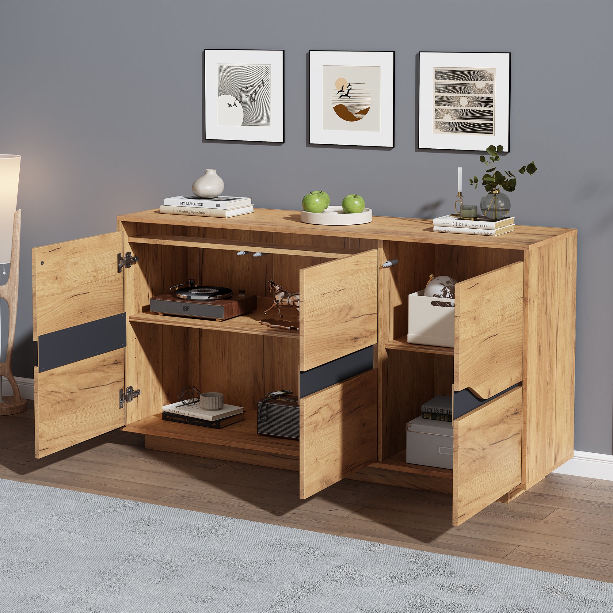 Modern Vintage Storage Cabinet, Sideboard Buffet With 3 Doors, Sofa Side Cabinet, Adjustable Partition, Unique Design, For Living Room, Bed Room, Kitchen, Hallway, 140x40x70CM, Wood