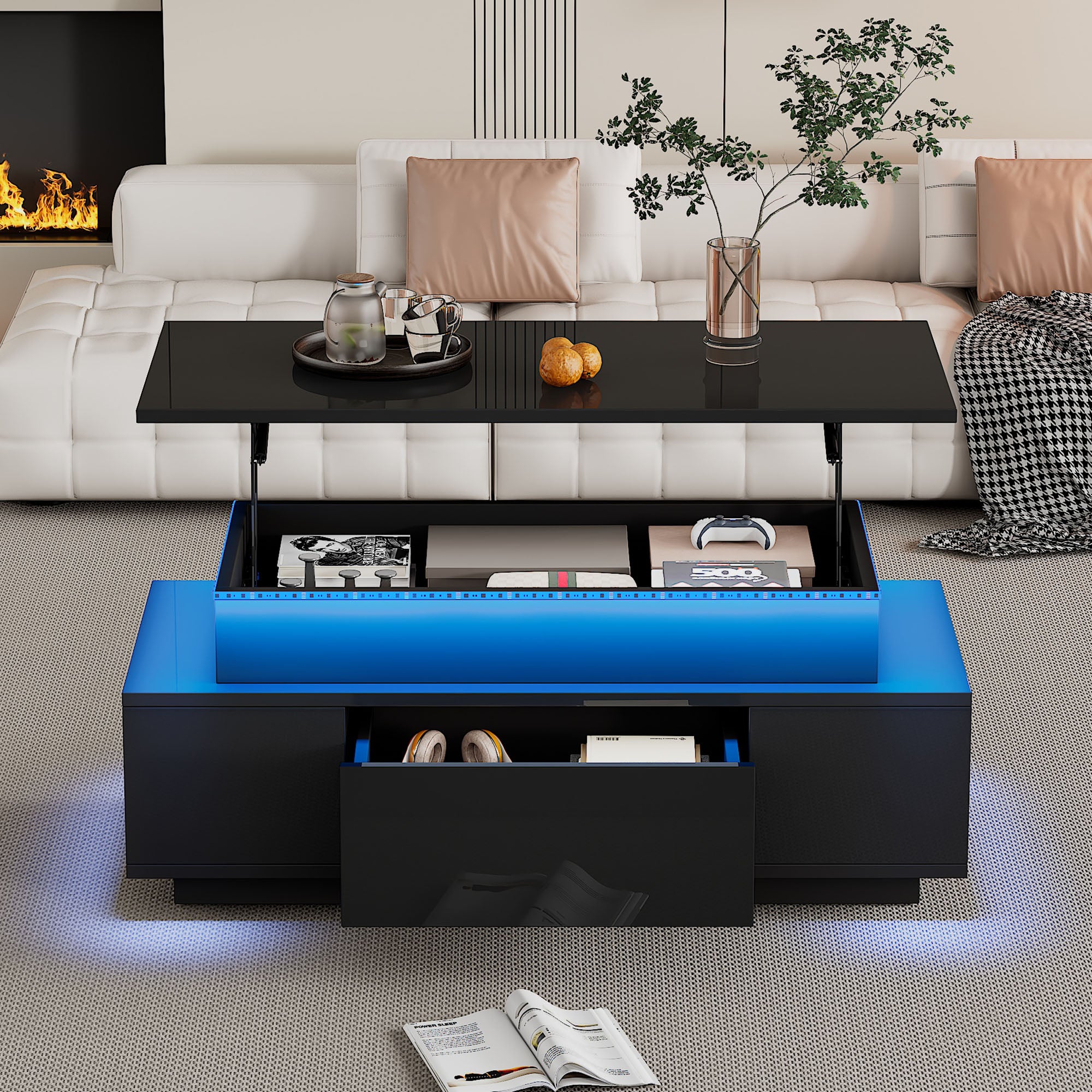Lift-Top Coffee Table, Highgloss Centre Table With 1 Drawers & LED Lights, Hidden Storage Space, Lifting Sofa Side Table, Space-saving End Table,Tea Table,for Livingroom, Office, 96x45x40m, Black