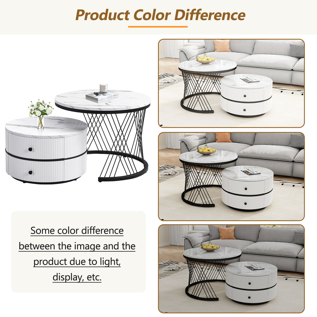 High Gloss Round Nesting Coffee Table With Marble Top, End Table, White & Gold Nesting Coffee Table Set Of 2 Center Table With Storage Drawers For Living Room