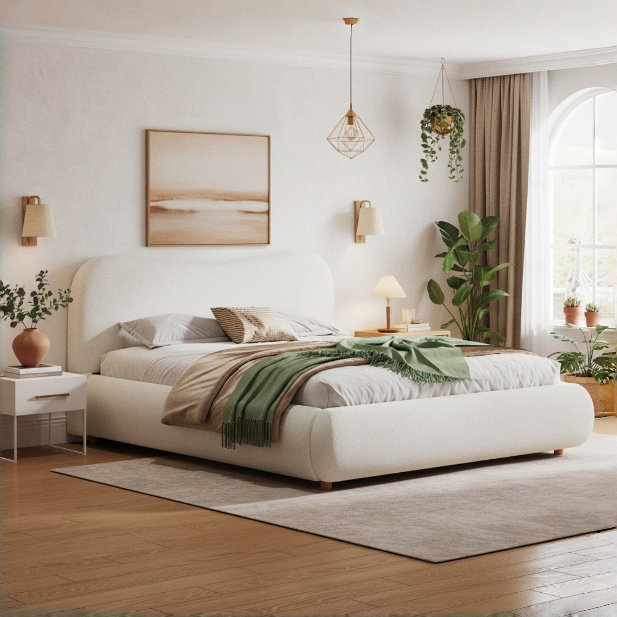 135x190cm 4ft6 Ottoman Storage Bed Frame With Curved Shaped Headboard, Soft Rounded Corners, Double Upholstered Bed Frame With Boucle Fabric, Warm White