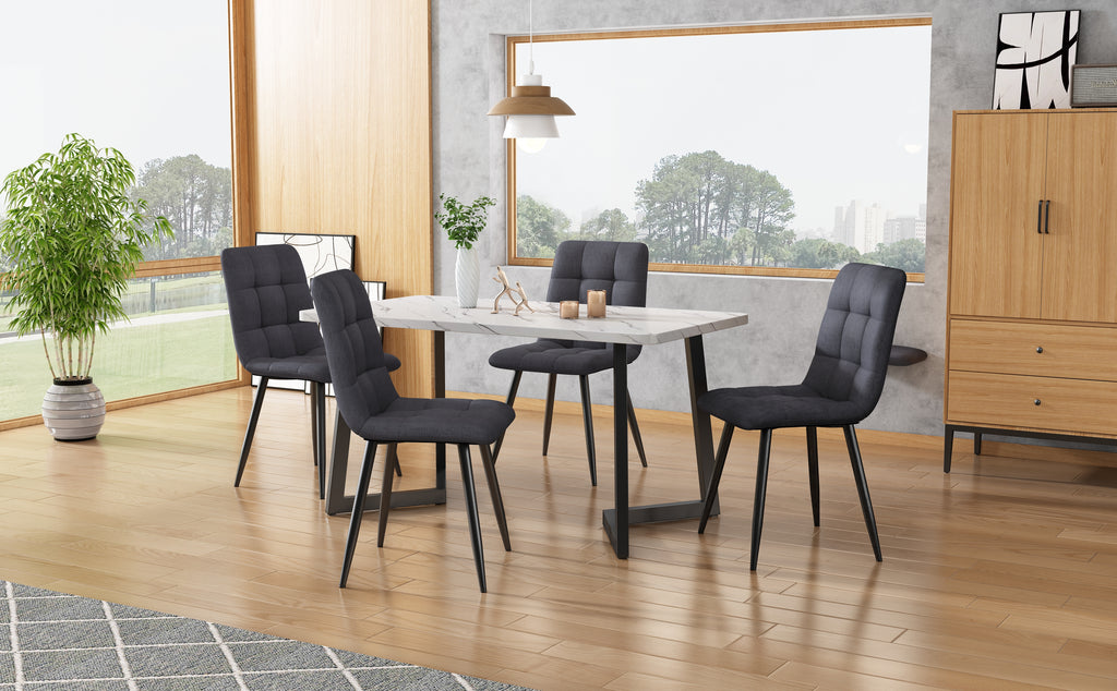 117x68cm Dining Table With 4 Chairs Set, Rectangular Dining Table Modern Kitchen Table Set,Dark Grey Linen Dining Chair,Black Table Legs