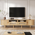 TV Stand With 2 Rattan Drawer And 2 Sliding Doors,Oval TV Cabinet Storage Sideboard With Rounded Corners For Livingroom, 170x40x40cm, Oak,MDF, Weight Capacity 30kg, Suitable For 70inch TV