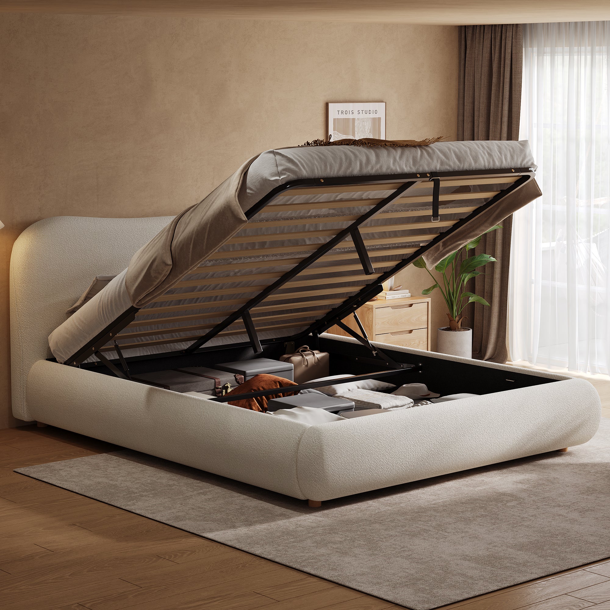 135x190cm 4ft6 Ottoman Storage Bed Frame With Curved Shaped Headboard, Soft Rounded Corners, Double Upholstered Bed Frame With Boucle Fabric, Warm White
