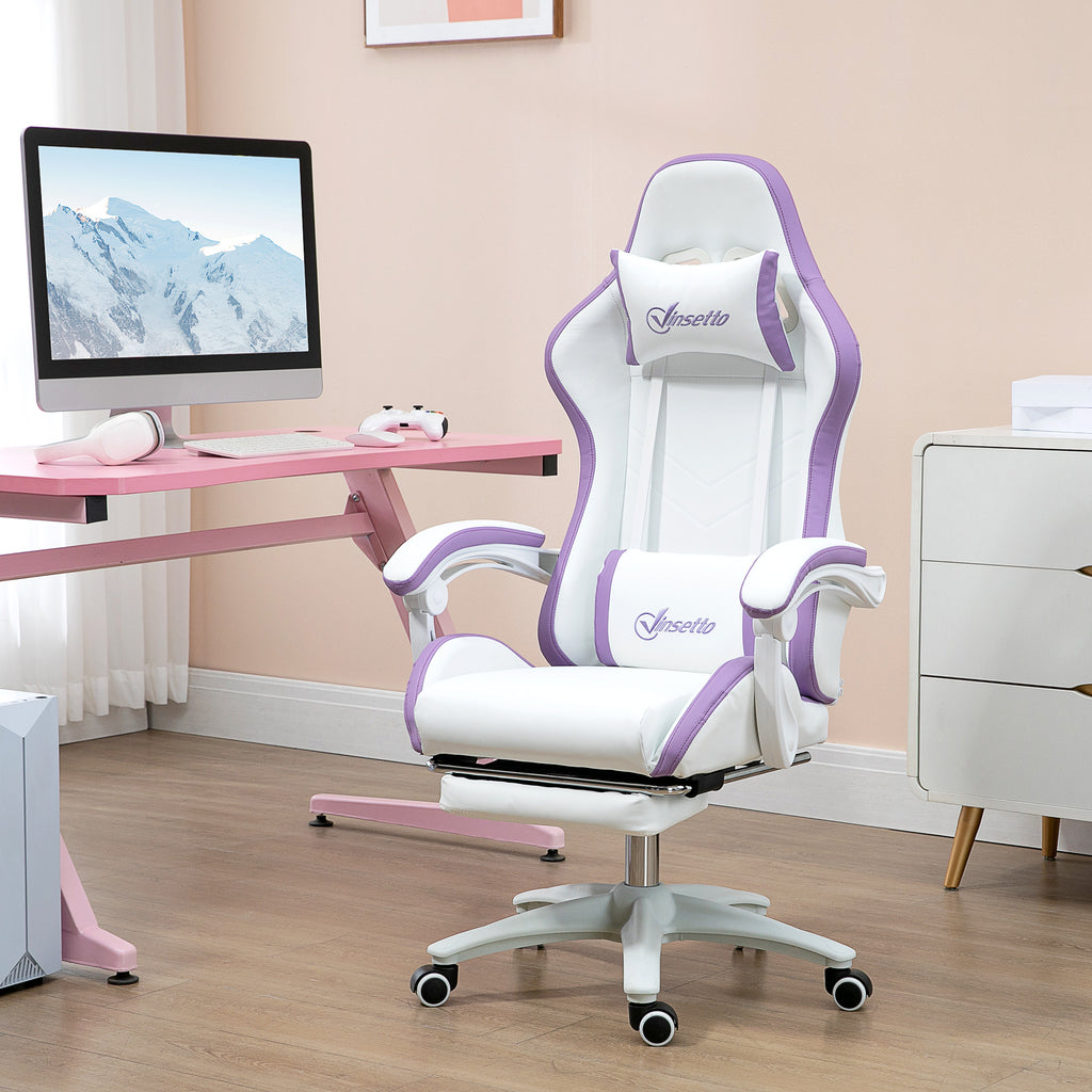 Vinsetto Computer Gaming Chair, PU Leather Office Desk Chair With Footrest, Swivel Wheels, 135° Reclining Back, Lumbar Support, Headrest For Home, White And Purple