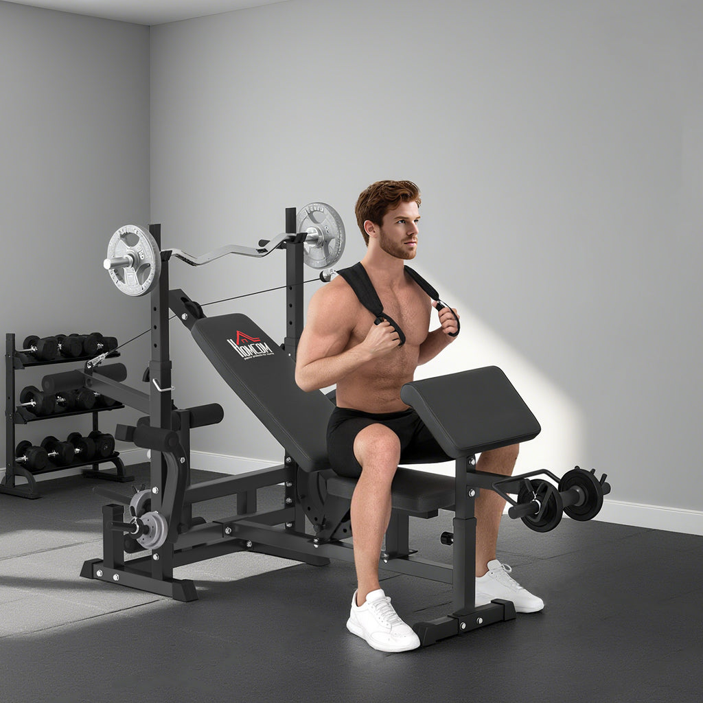 Weight Bench, 6 In 1 Adjustable Bench Press With Leg Extension, Barbell Rack, Preacher Curl Pad, Resistance Band, Multi-Function Home Gym Equipment For Strength Training Weightlifting