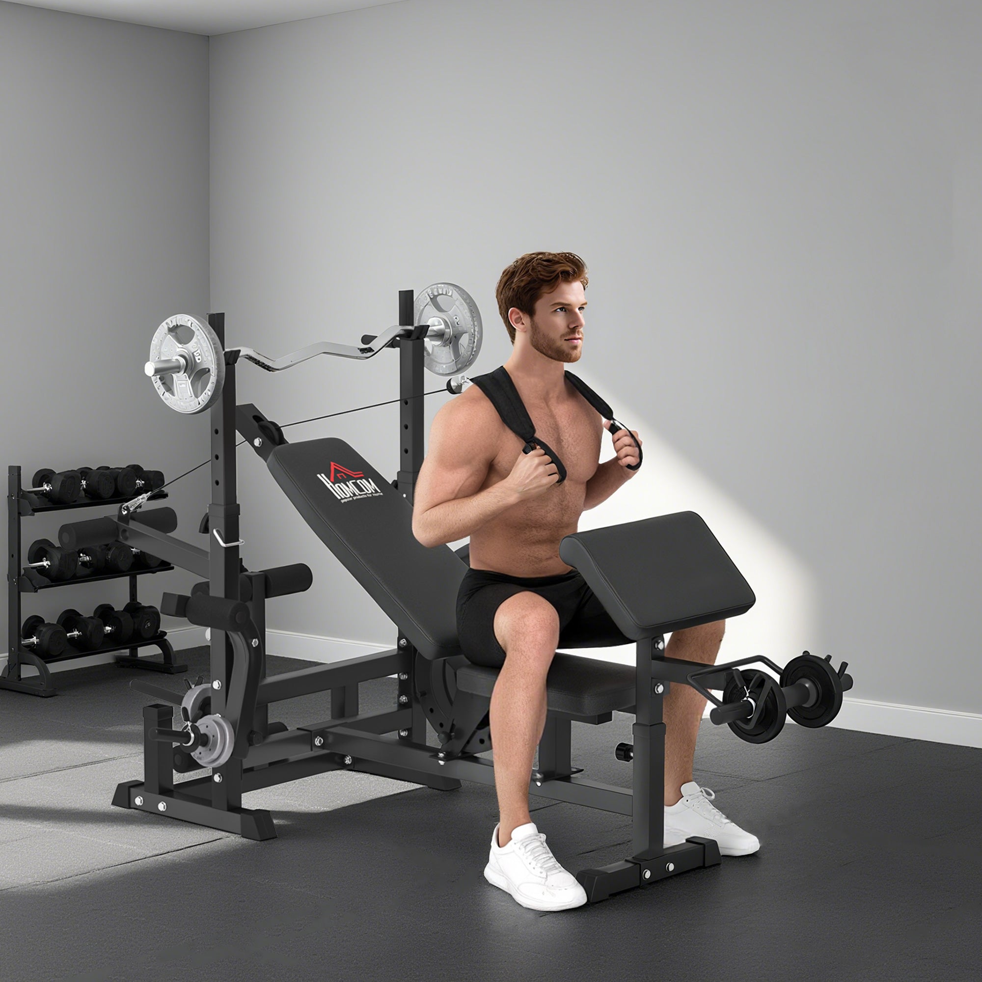 Weight Bench, 6 In 1 Adjustable Bench Press With Leg Extension, Barbell Rack, Preacher Curl Pad, Resistance Band, Multi-Function Home Gym Equipment For Strength Training Weightlifting