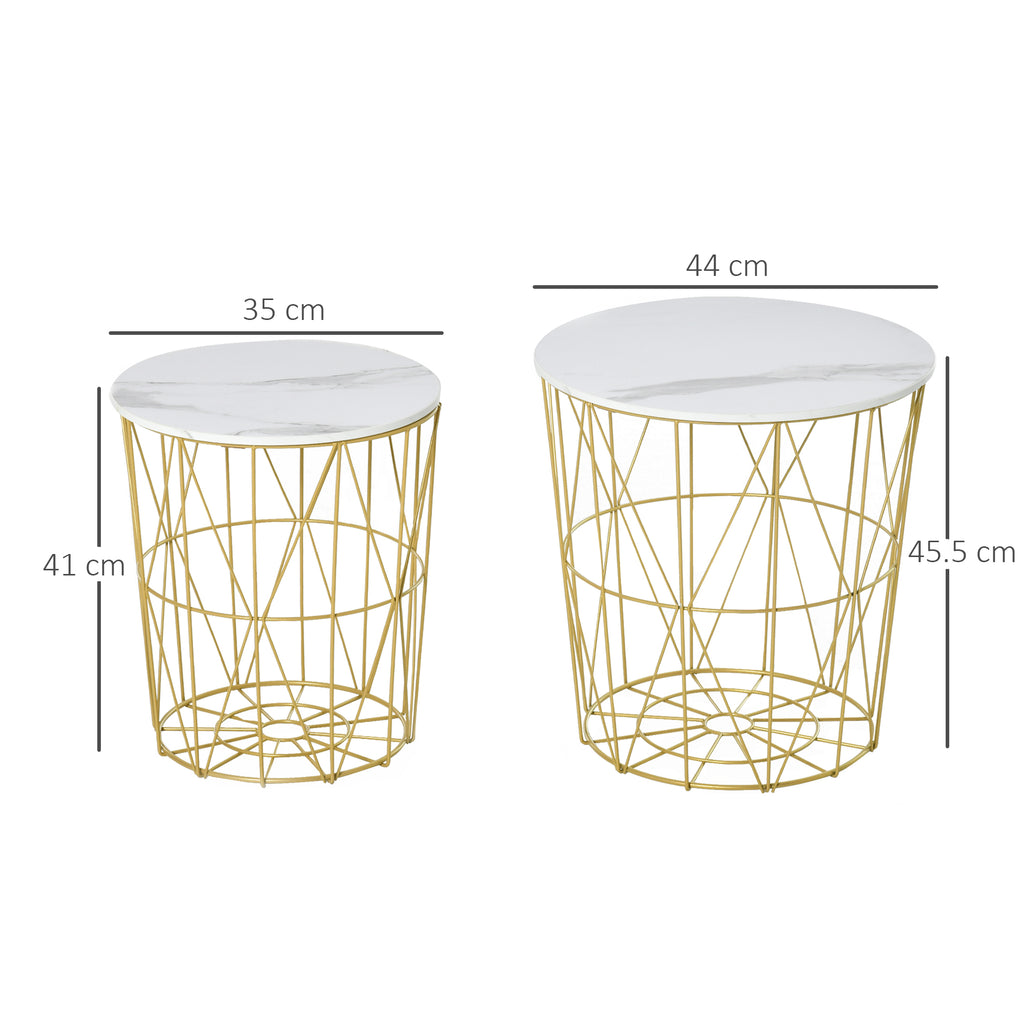 Set Of 2 Nesting Side Tables With Storage, Round End Tables Coffee Tables With Steel Frame And Removable Round Top, For Living Room, Bedroom, Office, White