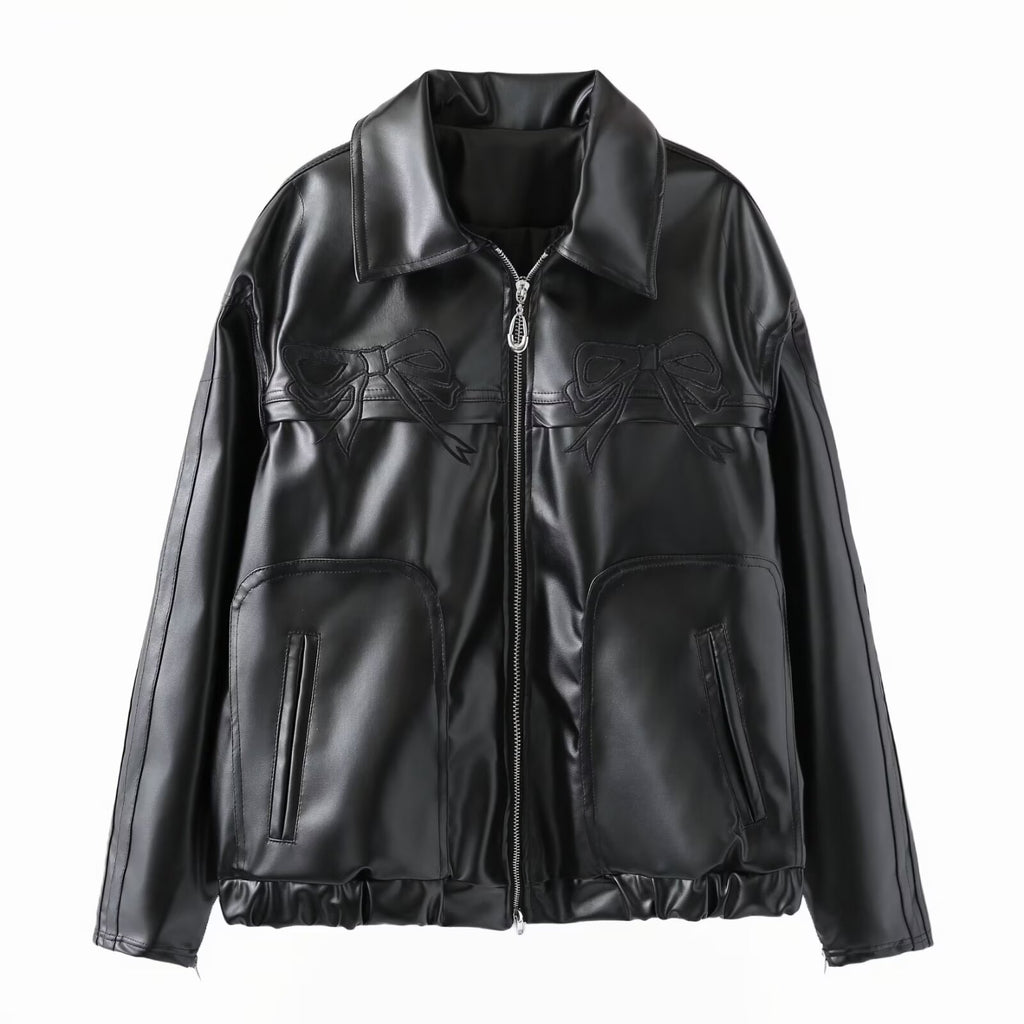 Women's Bow-Knot Zipper Leather Jacket