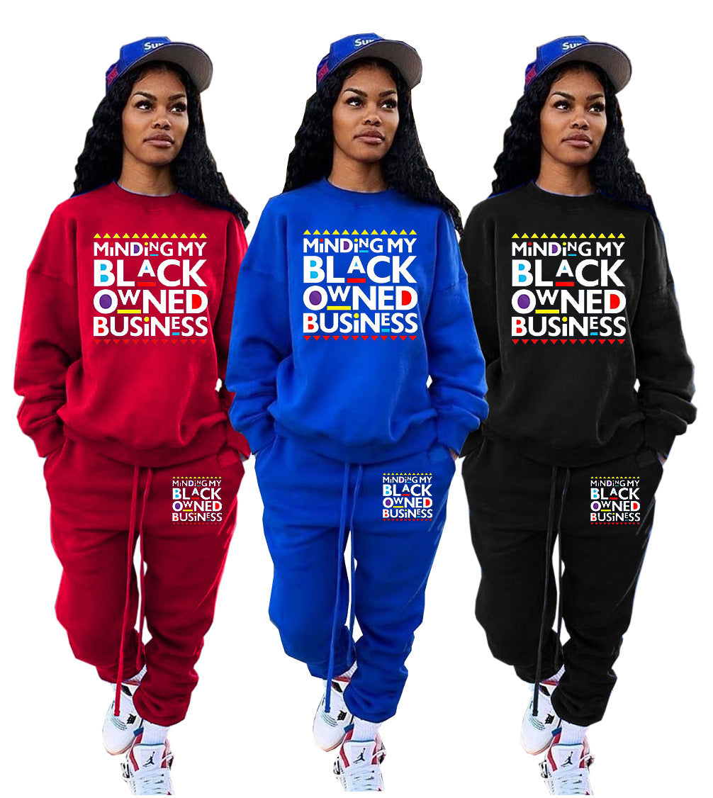 Women Fashion Print Loose Sweatshirt Two Piece Set