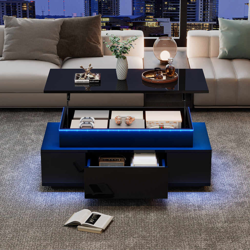 Lift-Top Coffee Table, Highgloss Centre Table With 1 Drawers & LED Lights, Hidden Storage Space, Lifting Sofa Side Table, Space-saving End Table,Tea Table,for Livingroom, Office, 96x45x40m, Black