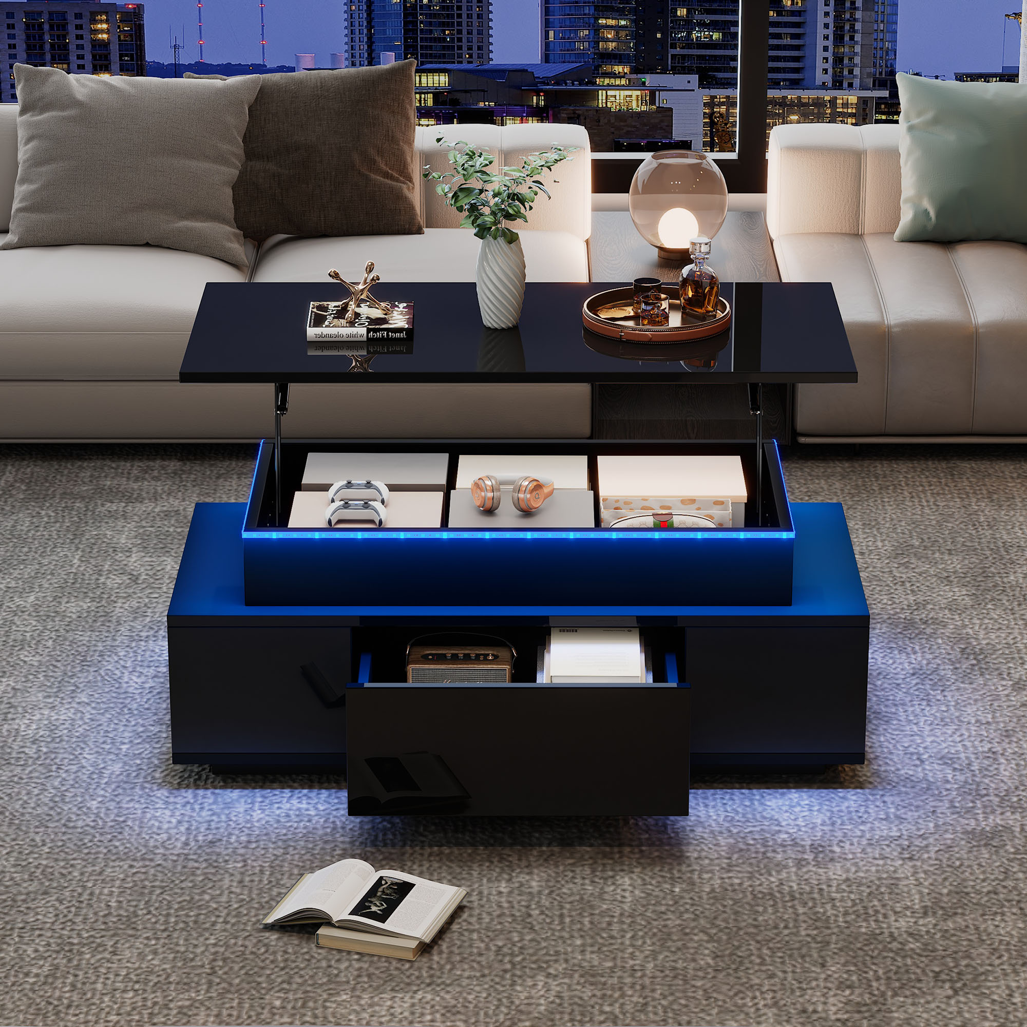 Lift-Top Coffee Table, Highgloss Centre Table With 1 Drawers & LED Lights, Hidden Storage Space, Lifting Sofa Side Table, Space-saving End Table,Tea Table,for Livingroom, Office, 96x45x40m, Black
