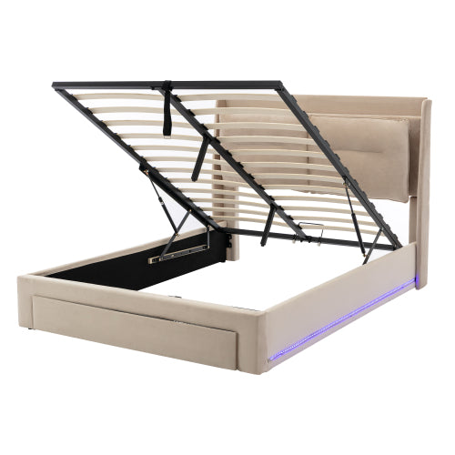 Upholstered Bed, 135x190 4ft6, Double Bed, Hydraulic Bed, 2-in-1 Storage Drawers At The End Of The Bed, Recessed LED Light Strips On Both Sides Of The Bed, Slatted Frame, Velvet,Beige
