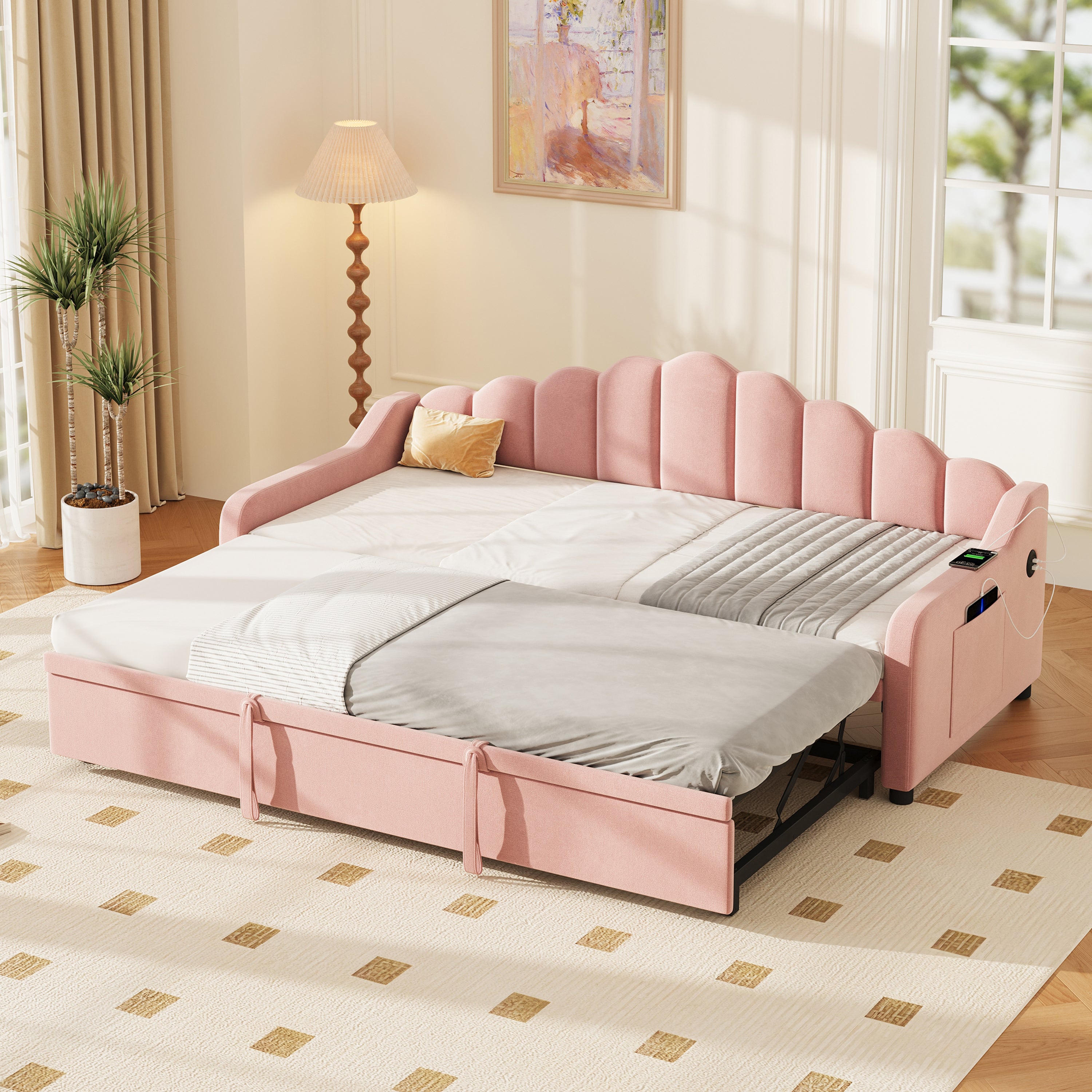 3ft Single Daybed With Pull-out Trundle, Velvet Upholstered Sofa Bed With Side Charging Station & Storage Pockets, Chic Fluted Scalloped Backrest No Mattress