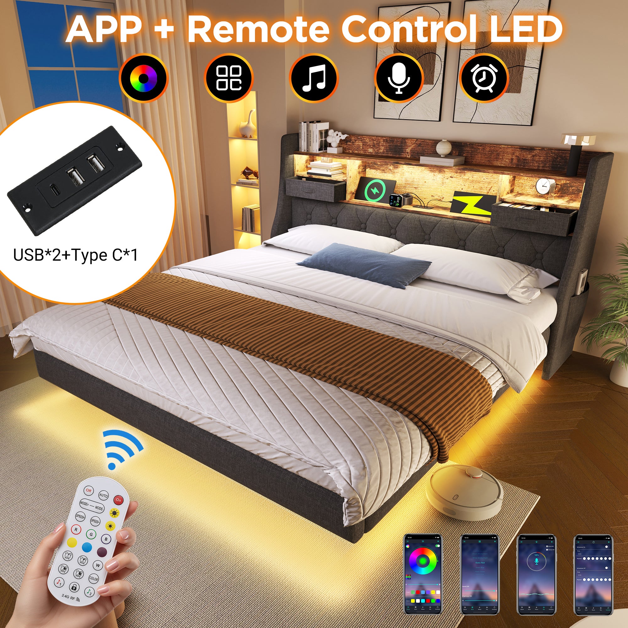 Upholstered Bed 6ft Floating Bed With LED Lighting, USB Type-C Charging, Storage Headboard For Cellphones & Tablets,  180 X 200 Cm Super King Bed With Metal Slatted Frame, Linen, Grey  No Mattress