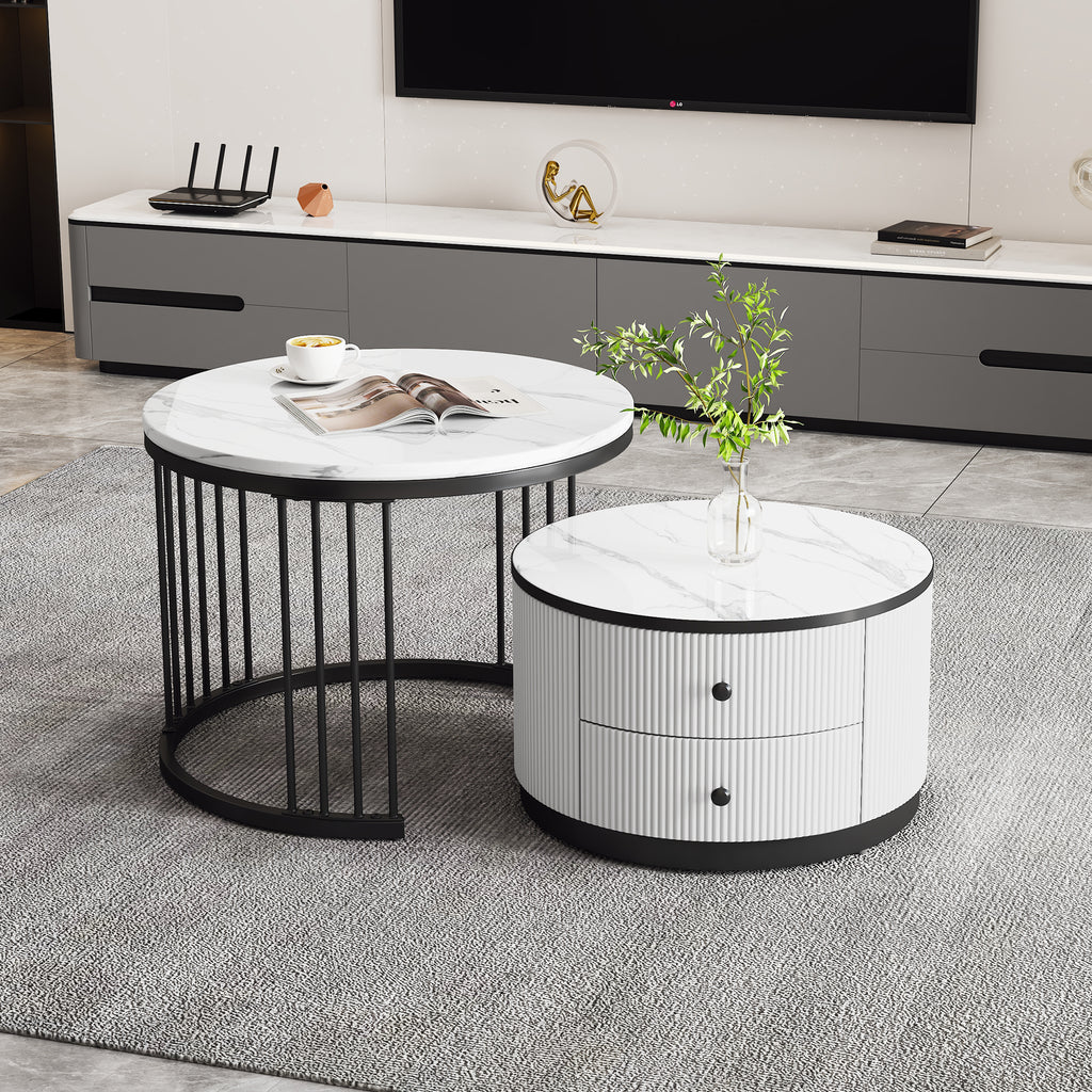 High Gloss Modern Round Nesting Coffee Table With Marble Pattern Top, White & Black Nesting Coffee Table Set Of 2 Center Table With Storage Drawers For Living Room Apartment Office
