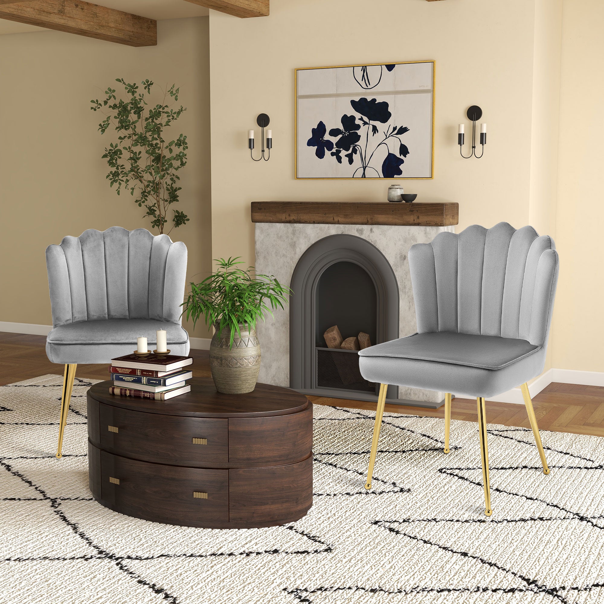 Shell Dining Chairs Set Of 2, Upholstered Kitchen Chairs With Gold Metal Legs And Backrest, Velvet Fabric Lounge Leisure Chairs For Living Room, Reception Room, Grey