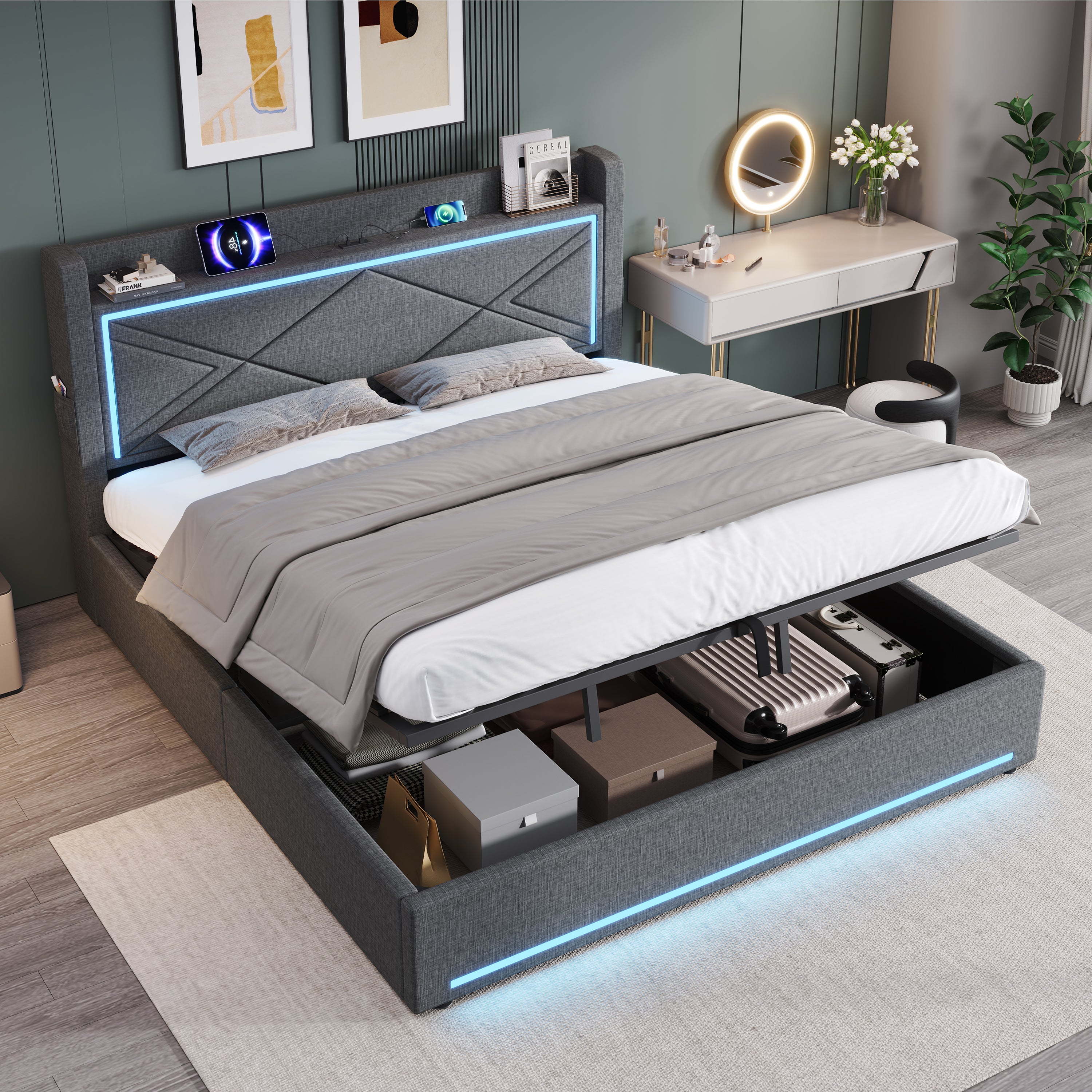 6ft Super King Upholstered Bed Frame With Hydraulic Storage,  Linen Ottoman Bed With LED Lighting And Charging Station, USB And Type - C Ports, No Box Spring Needed, Grey No Mattress