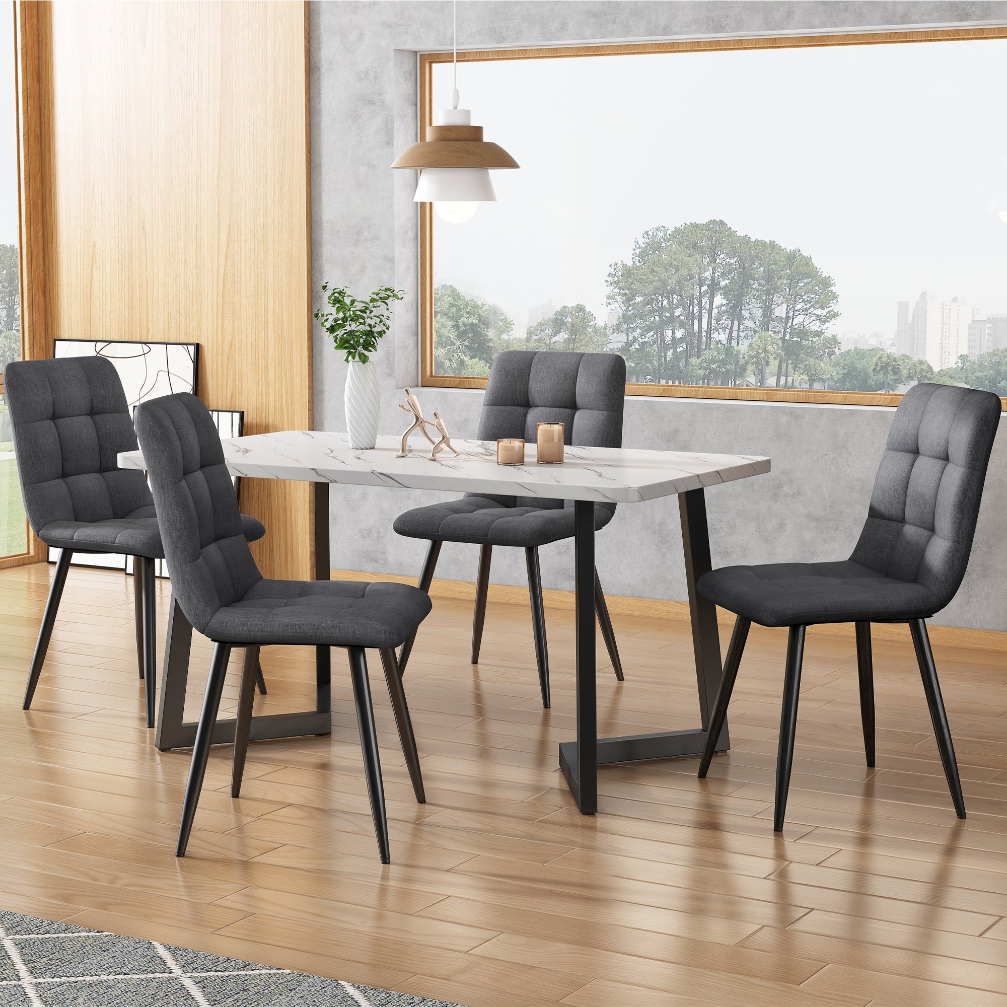 117x68cm Dining Table With 4 Chairs Set, Rectangular Dining Table Modern Kitchen Table Set,Dark Grey Linen Dining Chair,Black Table Legs