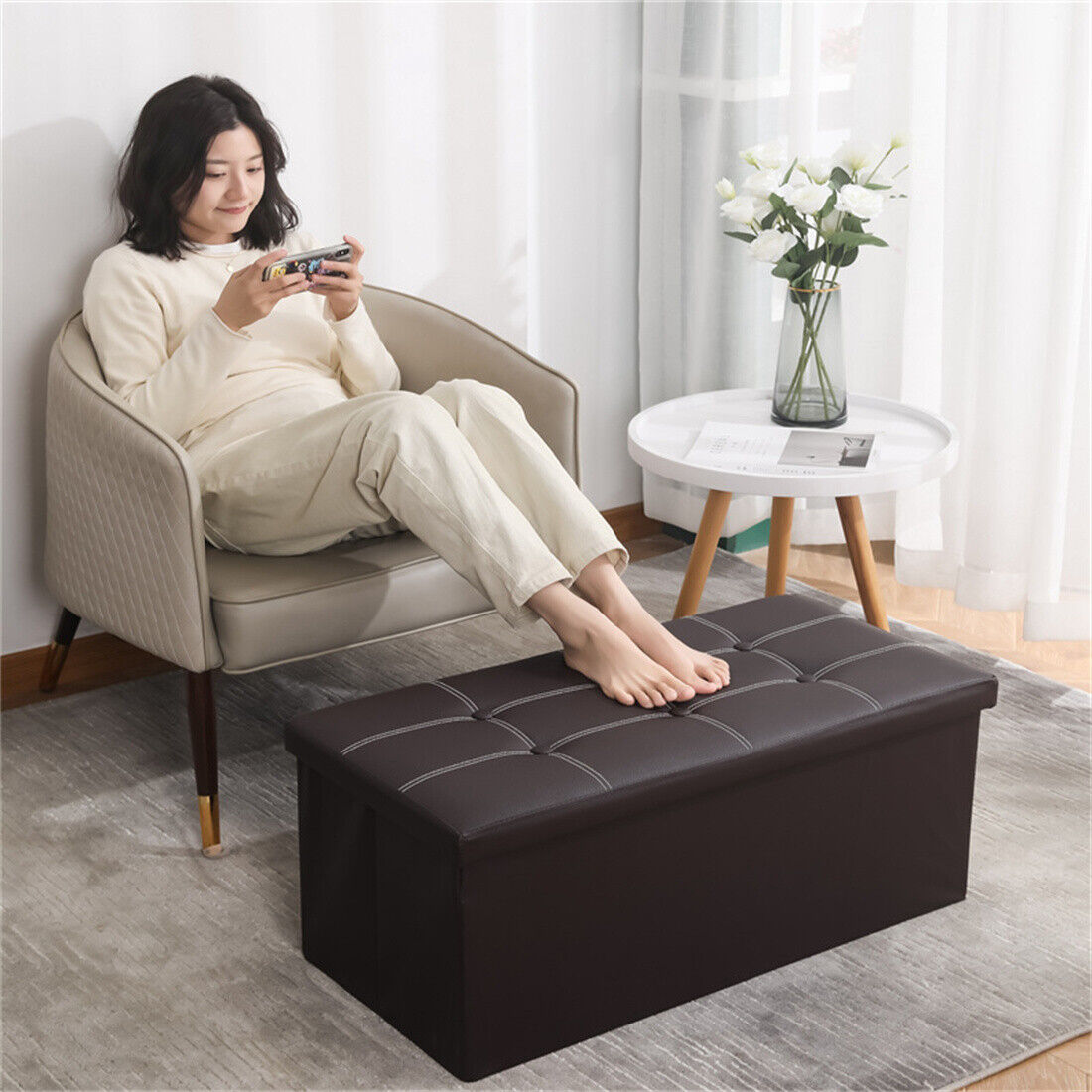 Large Seater Folding Storage Ottoman Pouffe Bench Seat Blanket Toy Chest Box UK NEW