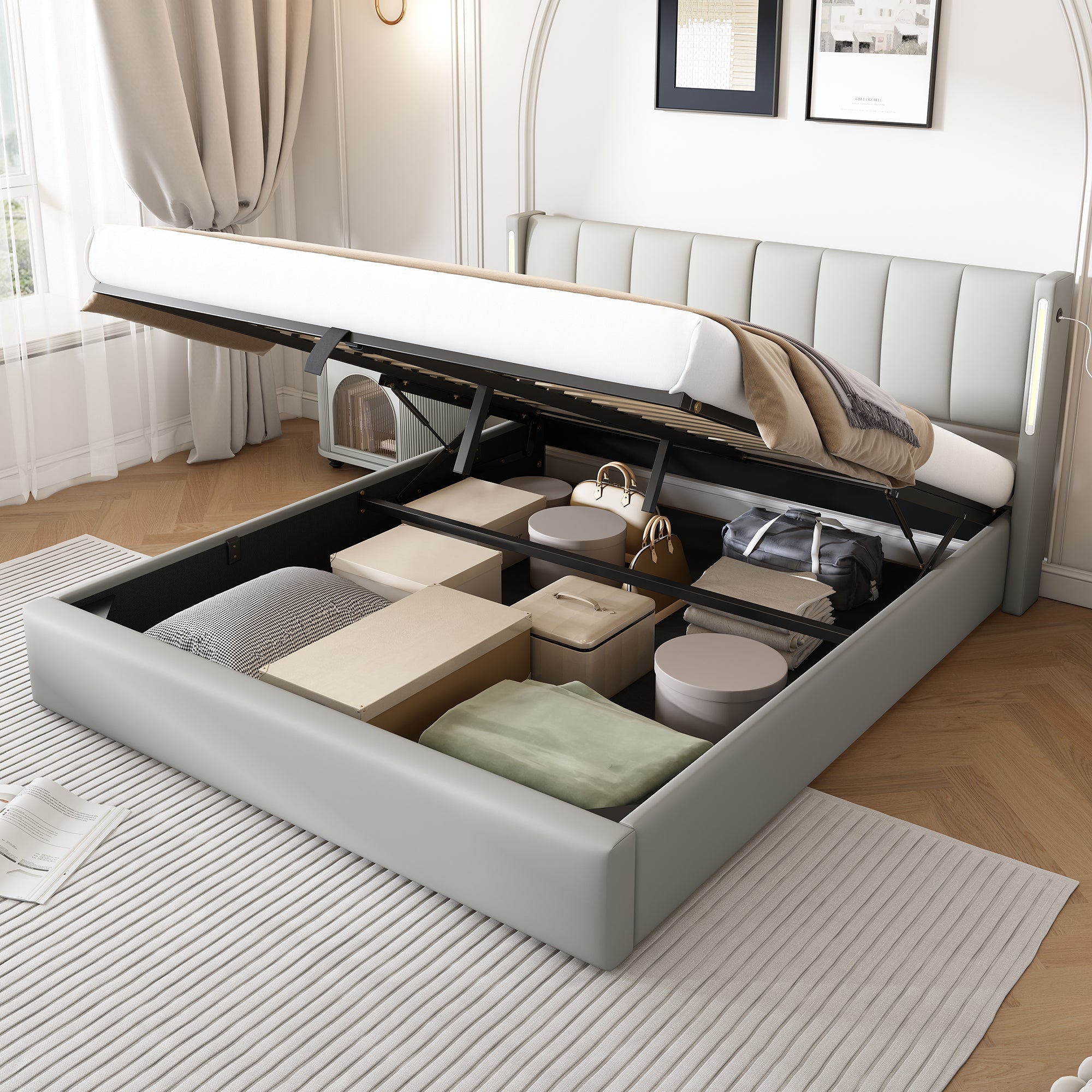 LED Upholstered Bed ,King Size Bed-5ft 150X200cm Hydraulic Bed, Rechargeable USB Port In Bed, With LED Lighting, With Storage Space, Adjustable Headboard, PU , Grey