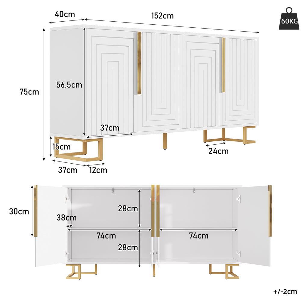 White Sideboard 152 X 40 X 75 Cm Features A Unique Geometric Design And Gold Handles And Feet For An Elegant Feel.
