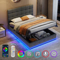 Ottoman Double Bed With LED Lighting, PU Leather Upholstered Bed With Hydraulic Storage, 4ft6 Double Bed Frame With Adjustable Button Tufted Headboard, No Box Spring Needed, Grey  No Mattress