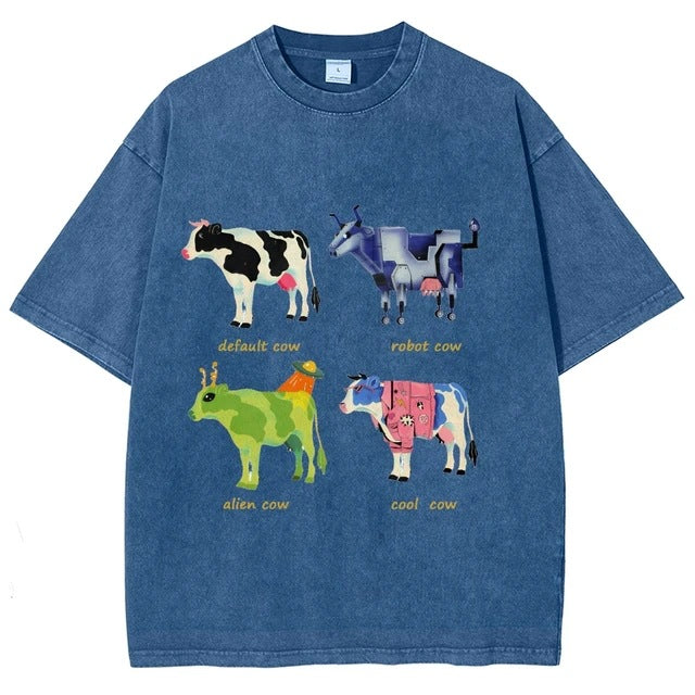 Mens Retro Cotton Funny Cow Streetwear Printed Top