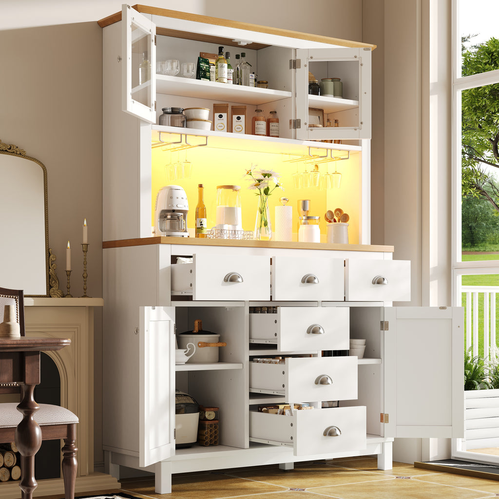 Sideboard  Storage Cabinet  Kitchen Cabinet  Buffet Cabinet, 104x40x180cm, Farmhouse Style, 5 Doors, With LED Light Strip & Drink Holders, Green White