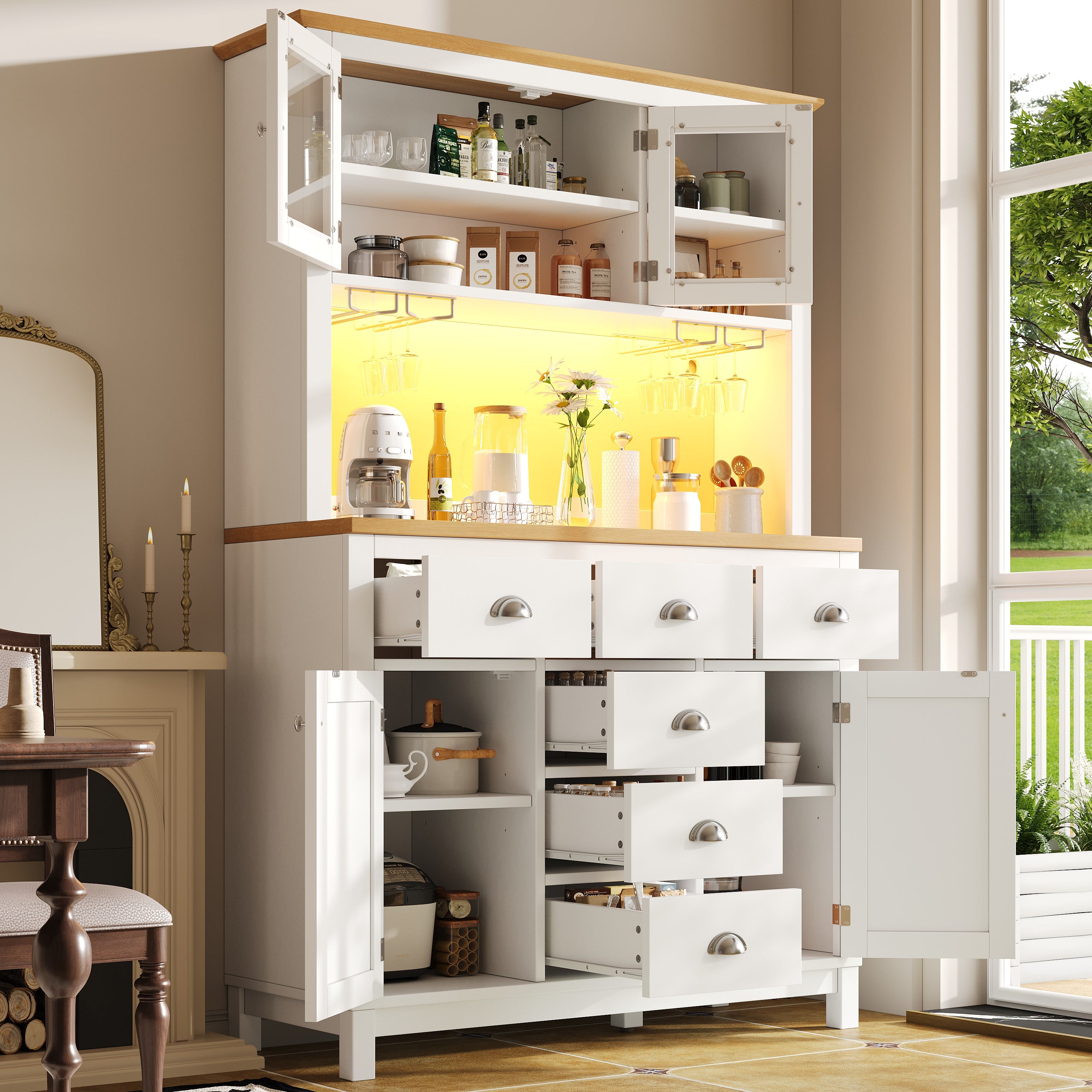 Sideboard  Storage Cabinet  Kitchen Cabinet  Buffet Cabinet, 104x40x180cm, Farmhouse Style, 5 Doors, With LED Light Strip & Drink Holders, Green White