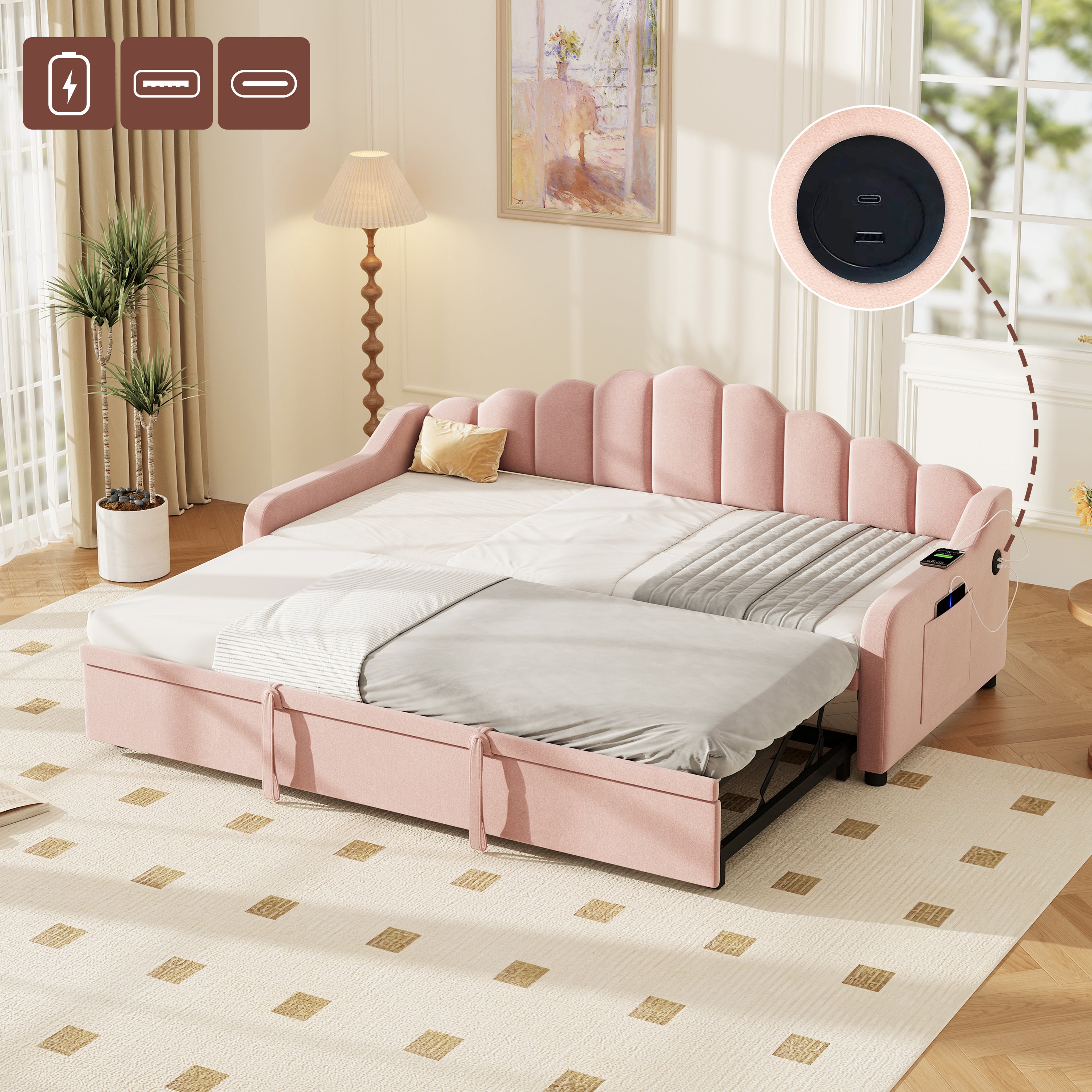 3ft Single Daybed With Pull-out Trundle, Velvet Upholstered Sofa Bed With Side Charging Station & Storage Pockets, Chic Fluted Scalloped Backrest No Mattress