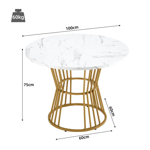 Dining Table Set  5-piece , Dining Table Set With 4 Chairs, Kitchen Table Set, Round Dining Table With 100 Cm Diameter And Golden Metal Legs, White MDF Table Top, Gray Velvet Dining Chairs
