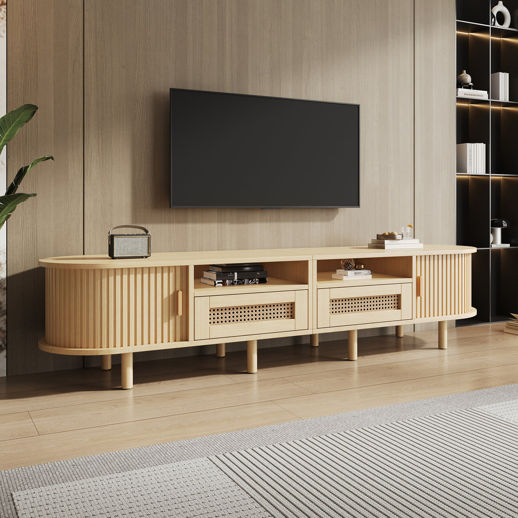 TV Stand With 2 Rattan Drawer And 2 Sliding Doors,Oval TV Cabinet Storage Sideboard With Rounded Corners For Livingroom, 170x40x40cm, Oak,MDF, Weight Capacity 30kg, Suitable For 70inch TV