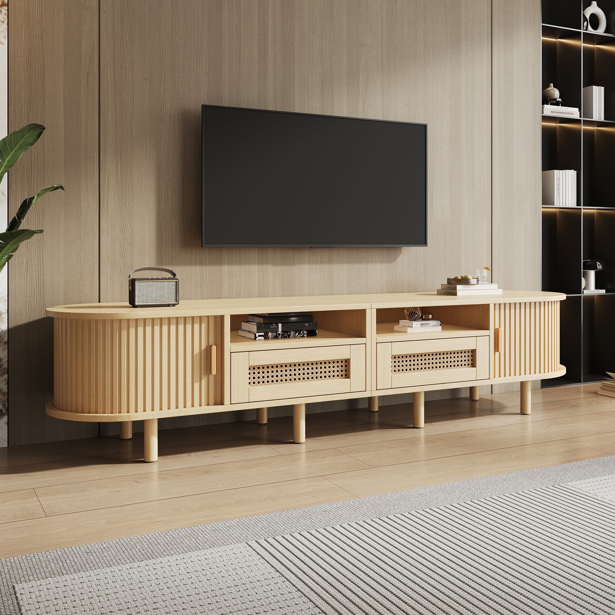 TV Stand With 2 Rattan Drawer And 2 Sliding Doors,Oval TV Cabinet Storage Sideboard With Rounded Corners For Livingroom, 170x40x40cm, Oak,MDF, Weight Capacity 30kg, Suitable For 70inch TV