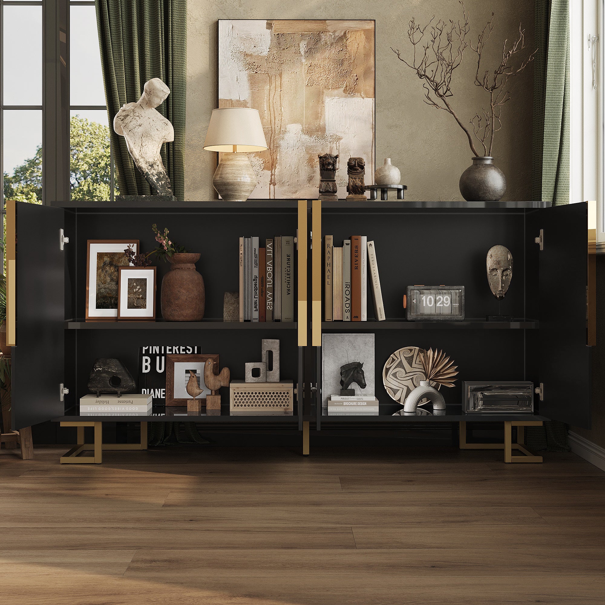 Black Sideboard 152 X 40 X 75 Cm Features A Unique Geometric Design And Gold Handles And Feet For An Elegant Feel