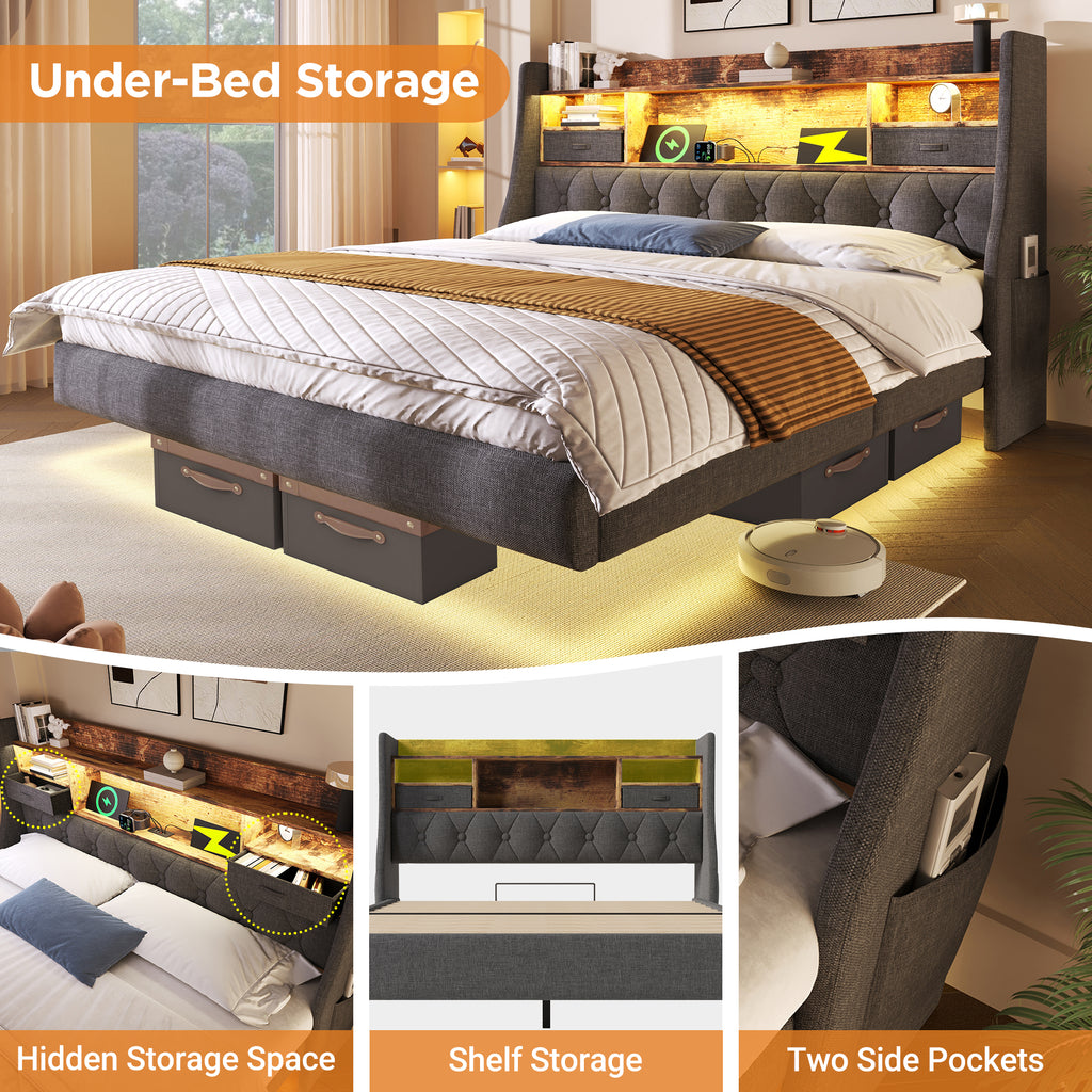Upholstered Bed 6ft Floating Bed With LED Lighting, USB Type-C Charging, Storage Headboard For Cellphones & Tablets,  180 X 200 Cm Super King Bed With Metal Slatted Frame, Linen, Grey  No Mattress