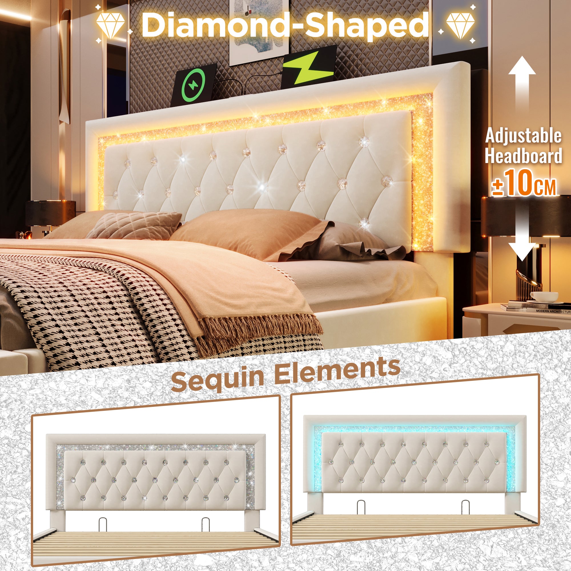 Upholstered Bed 180 X 200 Cm With LED Lighting, USB Type-C Charging, 6ft Hydraulic Storage Bed With Adjustable Diamond Tufted Headboard, Velvet, Beige No Mattress