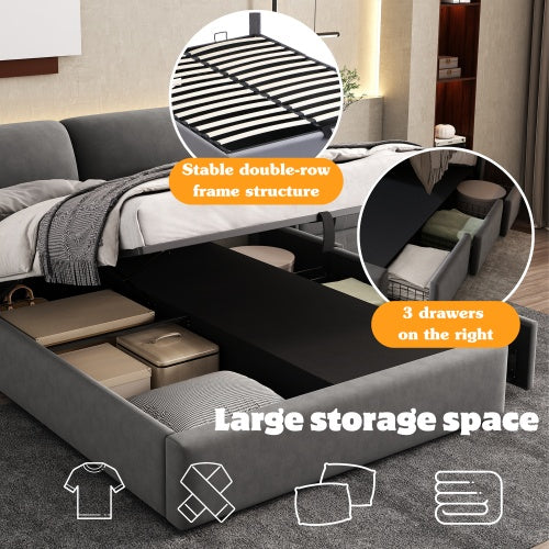 Upholstered Bed,Double Bed-4ft6  135x190cm  Hydraulic Bed, Three Drawers, Bed Box For Storage, Slatted Frame With Headboard, Without Mattress, Velvet, Grey
