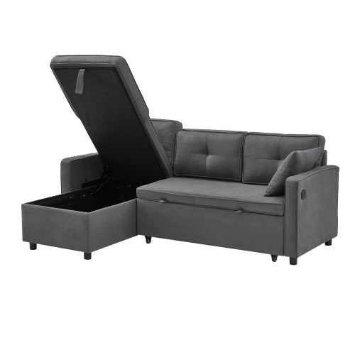 L-Shaped Pull Out Sleep Sofabed, Modern Reversible Sleeper Sectional Sofa, 3 In 1 Convertible Sofa Bed With Storage Chaise, Drop-Down Table, Cup Holders And Charging Ports, Grey