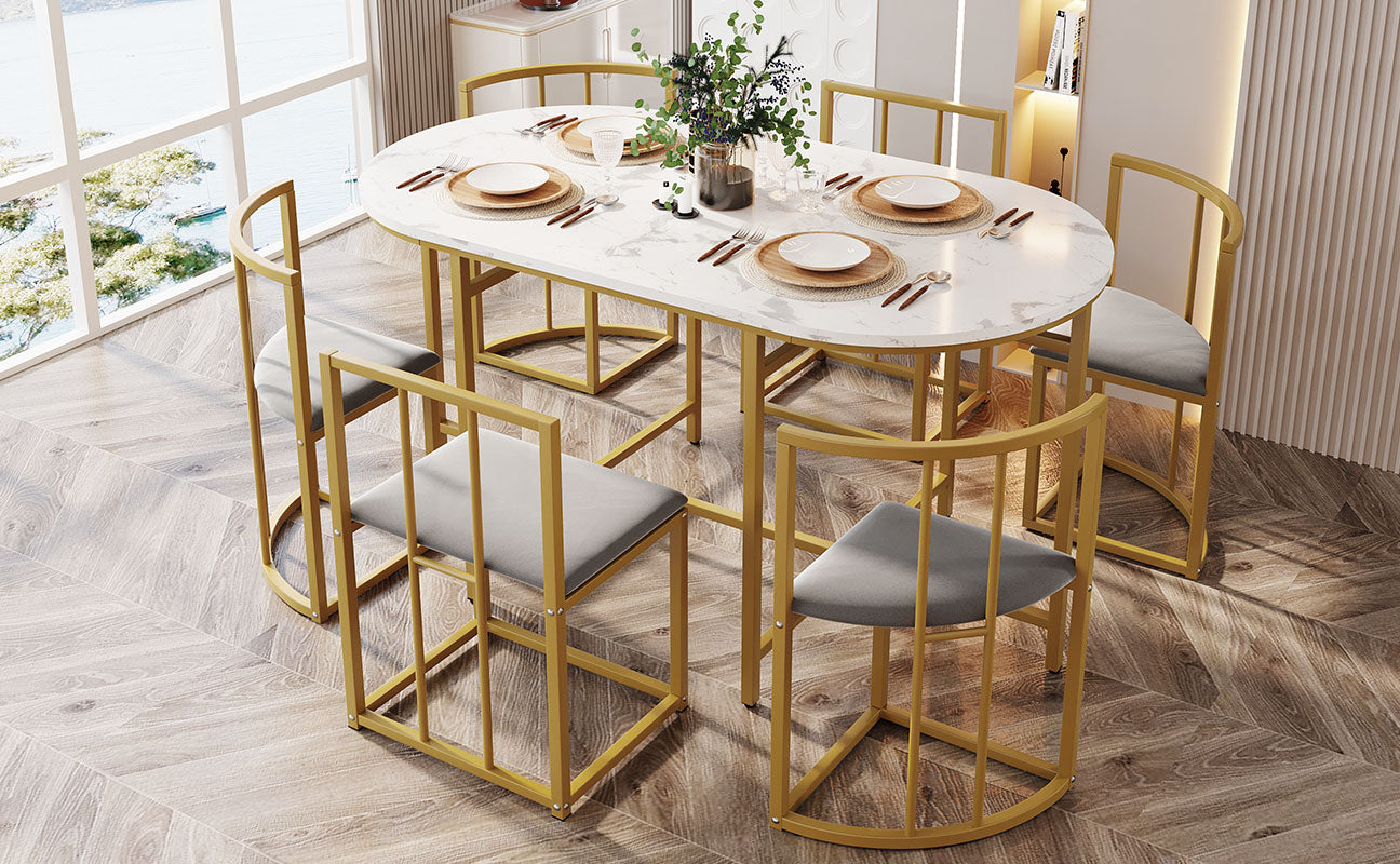 Six-Chair Dining Table Set White Table, Chairs With Backrests And Gray Upholstery, Gold Iron Frame,Dining Room Table And Chair Set,Modern Dining Table Combination