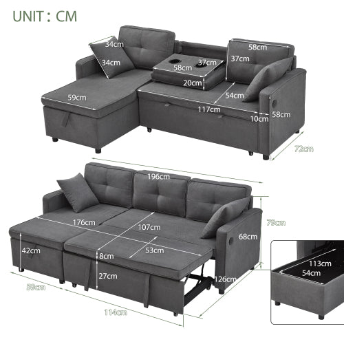 L-Shaped Pull Out Sleep Sofabed, Modern Reversible Sleeper Sectional Sofa, 3 In 1 Convertible Sofa Bed With Storage Chaise, Drop-Down Table, Cup Holders And Charging Ports, Grey